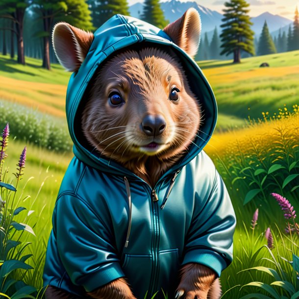 Desenho de um wombat em um hoodie no prado