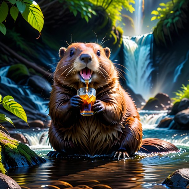 Image of a drinking of a beaver in the waterfall