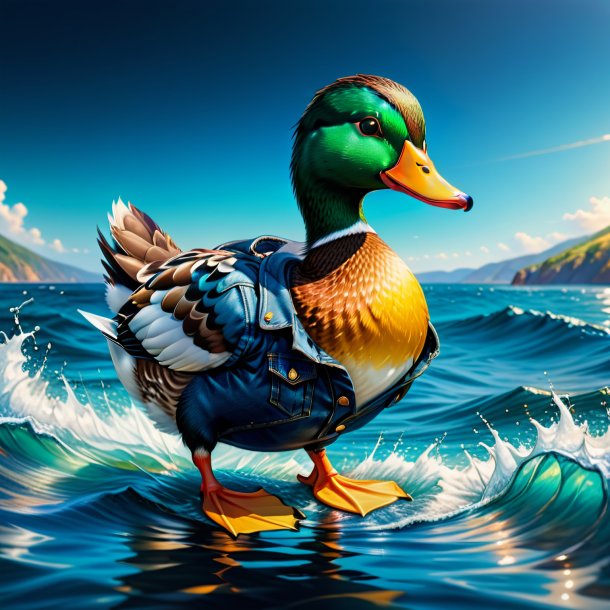 Illustration of a duck in a jeans in the sea