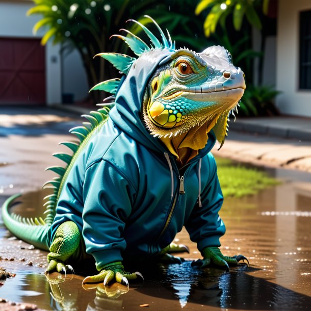 Imagen de una iguana en una sudadera con capucha en el charco