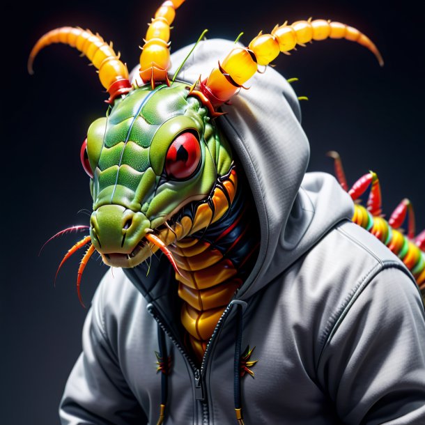 Pic of a centipede in a gray hoodie