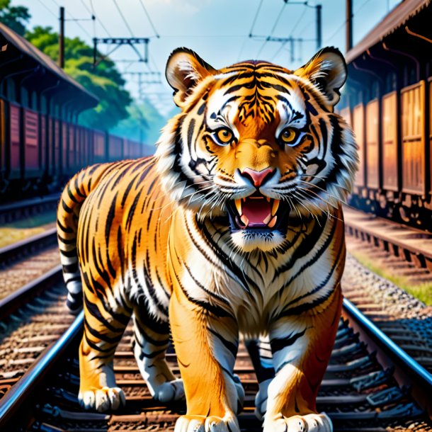 Imagen de una sonrisa de un tigre en las vías del ferrocarril