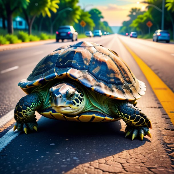 Image d'une tortue dans une chaussure sur la route