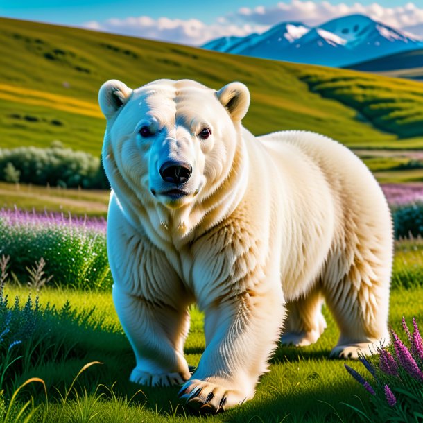 Photo of a polar bear in a belt in the meadow