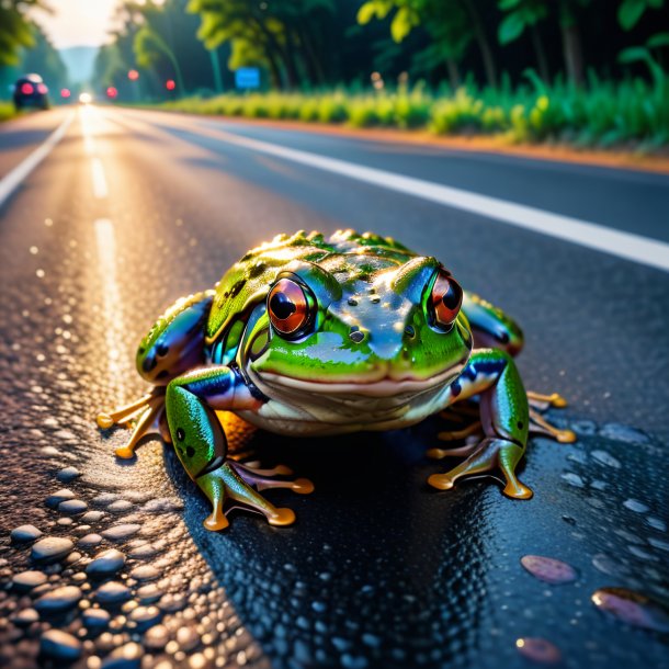 Foto de uma natação de um sapo na estrada