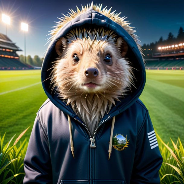 Pic of a porcupine in a hoodie on the field