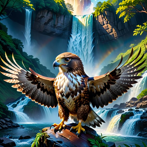 Illustration of a hawk in a belt in the waterfall