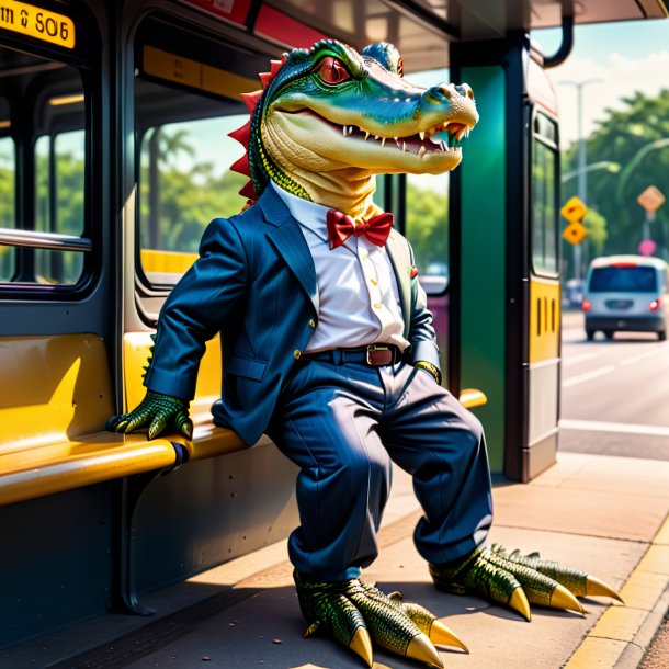 Pic d'un alligator dans un pantalon sur l'arrêt de bus