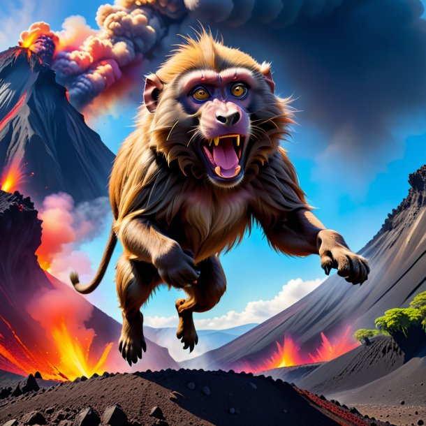 Pic of a jumping of a baboon in the volcano