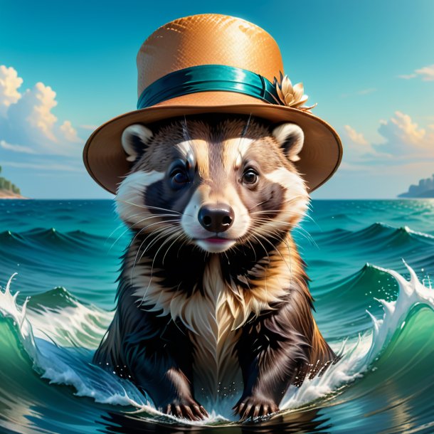 Illustration of a badger in a hat in the sea