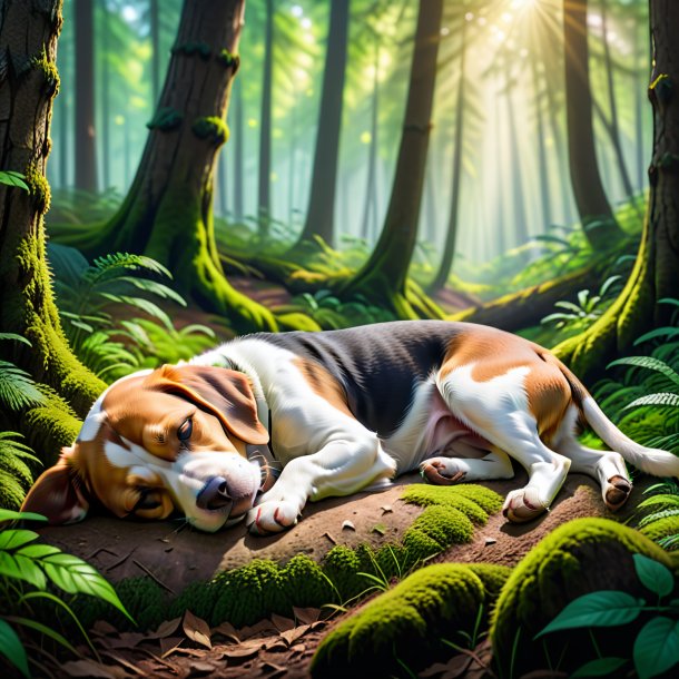 Image of a sleeping of a beagle in the forest