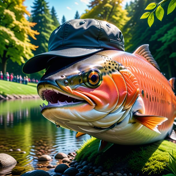 Image of a salmon in a cap in the park