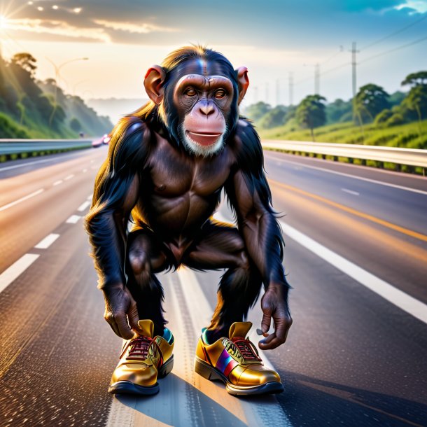 Imagen de un chimpancé en los zapatos en la carretera