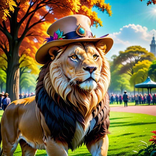 Image of a lion in a hat in the park