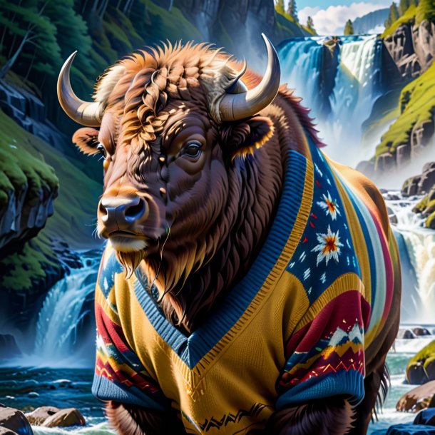 Picture of a bison in a sweater in the waterfall