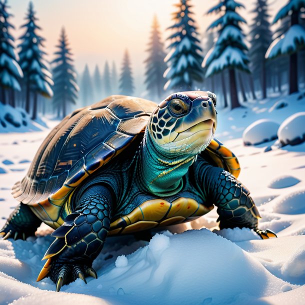 Photo of a resting of a turtle in the snow