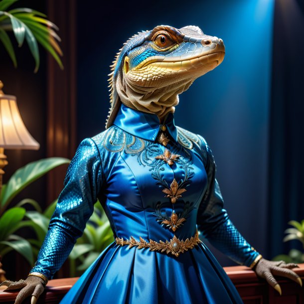 Picture of a monitor lizard in a blue dress