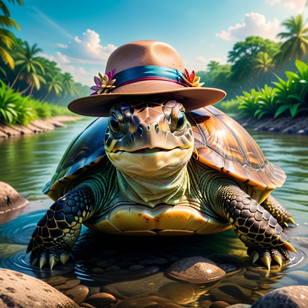 Foto de una tortuga en un sombrero en el río