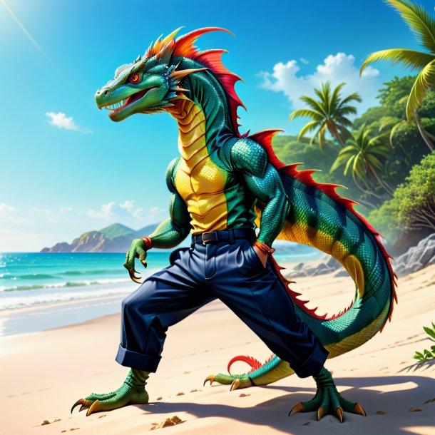 Drawing of a basilisk in a trousers on the beach