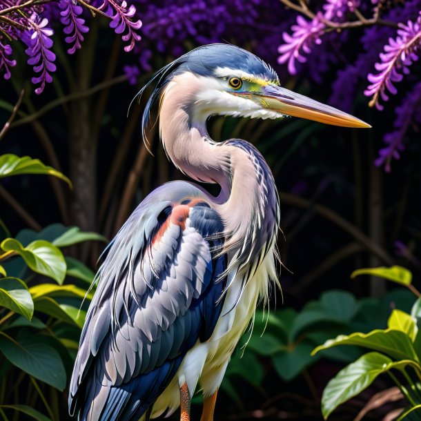 Picture of a heron in a purple jacket