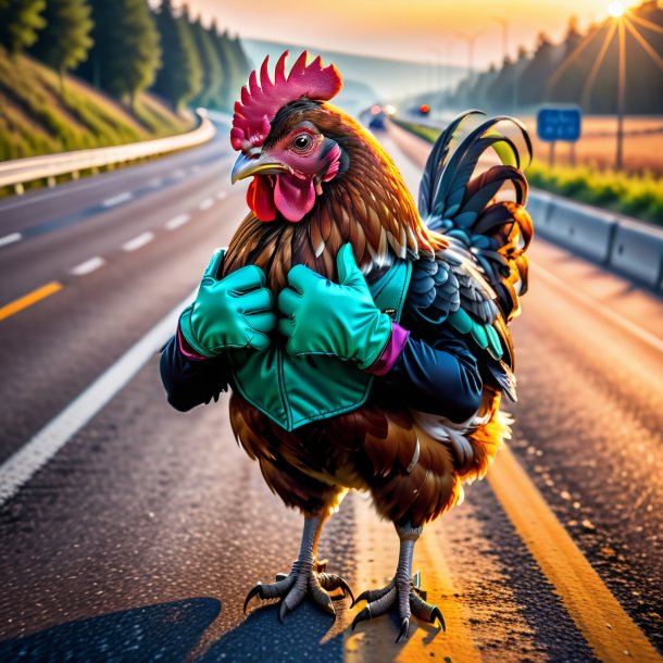 Foto de una gallina en guantes en la carretera