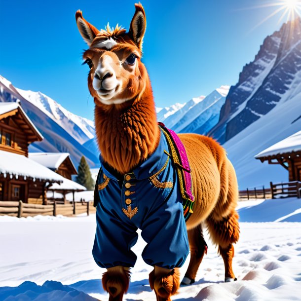 Photo of a llama in a trousers in the snow