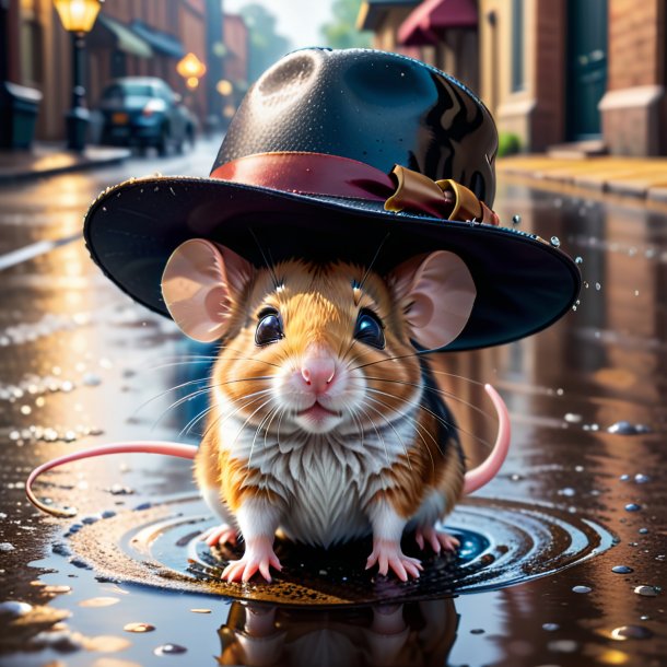 Picture of a mouse in a hat in the puddle