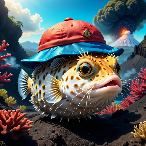 Drawing of a pufferfish in a cap in the volcano