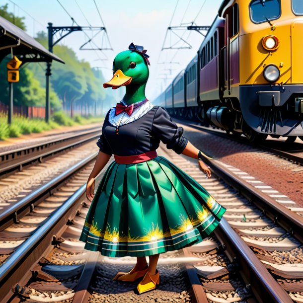 Drawing of a duck in a skirt on the railway tracks