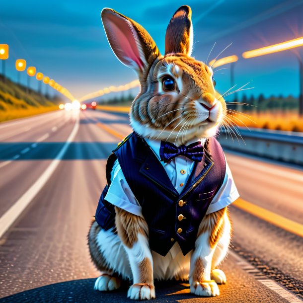 Pic of a rabbit in a vest on the highway