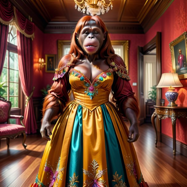 Illustration of a orangutan in a dress in the house