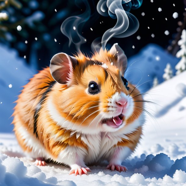 Image d'un hamster qui fume dans la neige