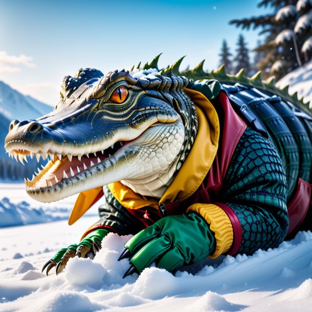 Foto de um crocodilo em uma luva na neve