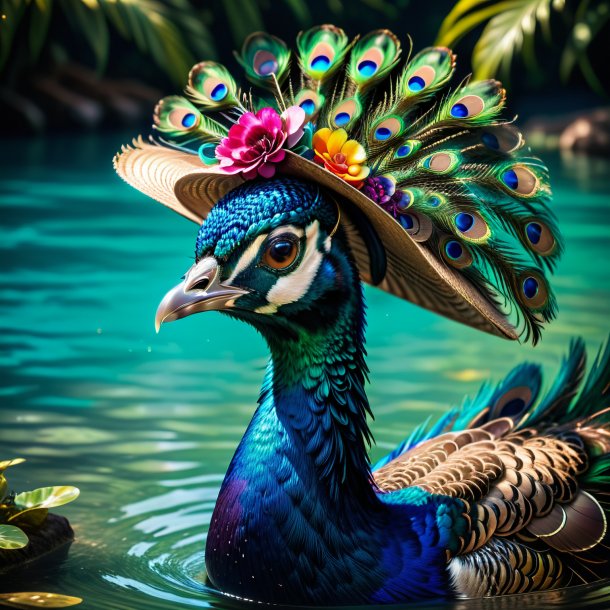 Imagen de un pavo real en un sombrero en el agua