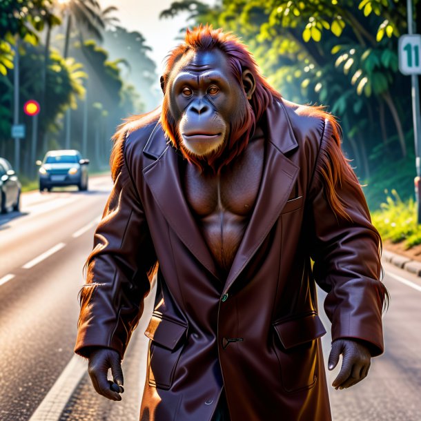 Pic of a orangutan in a coat on the road