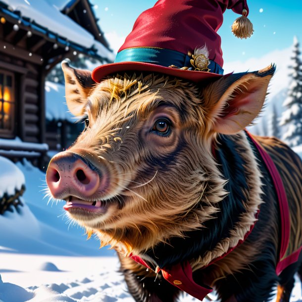 Image of a boar in a hat in the snow