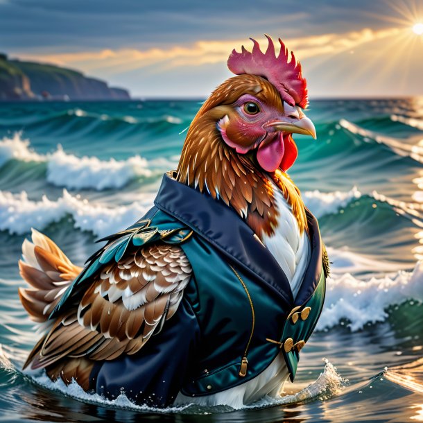 Imagen de una gallina en una chaqueta en el mar