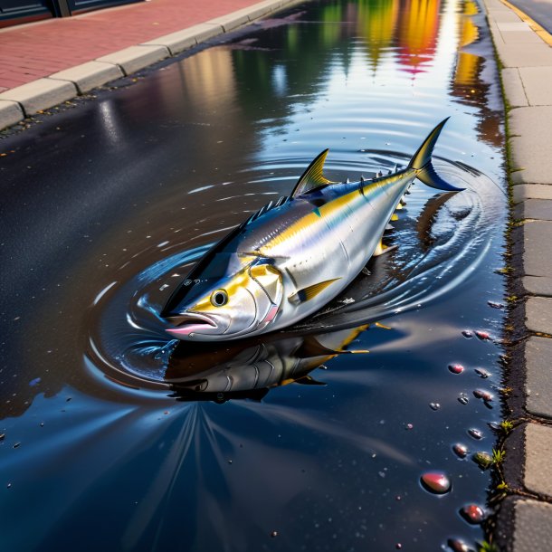 Pic of a tuna in a jeans in the puddle