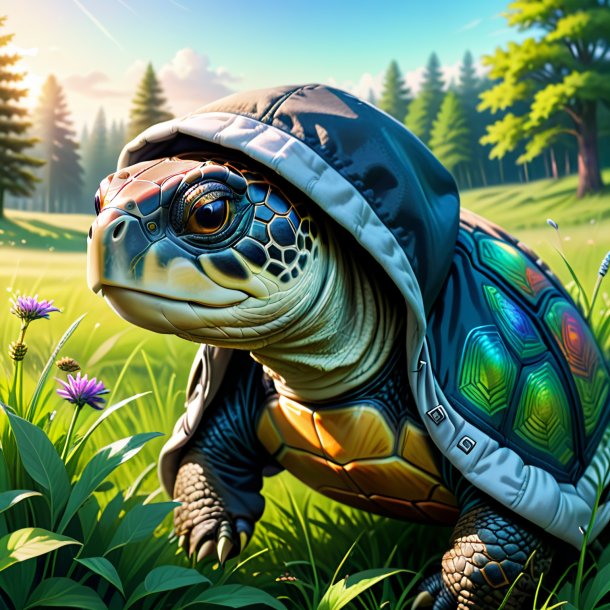 Drawing of a turtle in a hoodie in the meadow