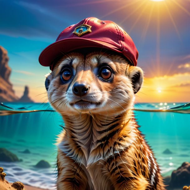 Picture of a meerkat in a cap in the sea