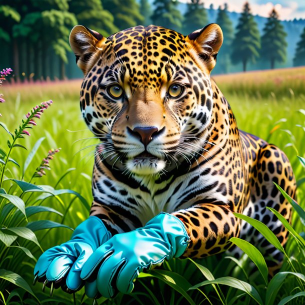 Photo of a jaguar in a gloves in the meadow