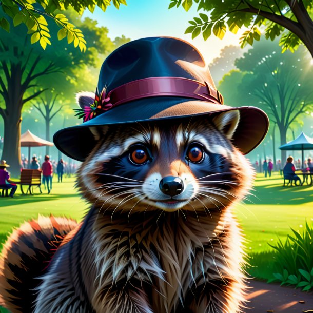 Illustration of a raccoon in a hat in the park