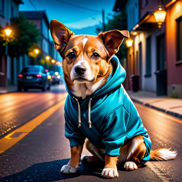 Pic of a dog in a hoodie on the road