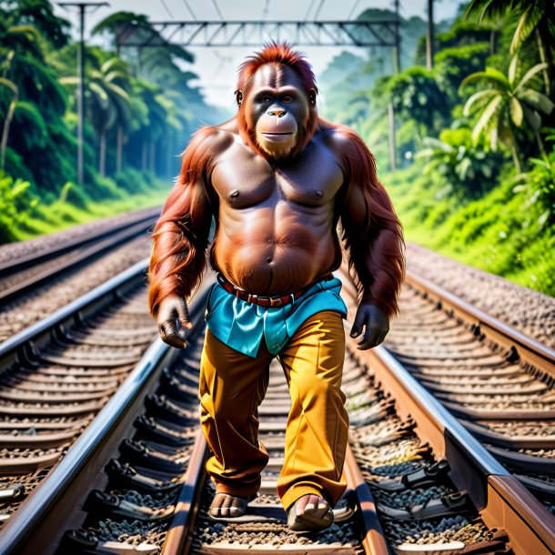 Photo of a orangutan in a trousers on the railway tracks