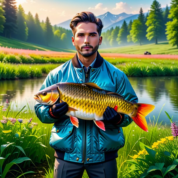 Image of a carp in a jacket in the meadow