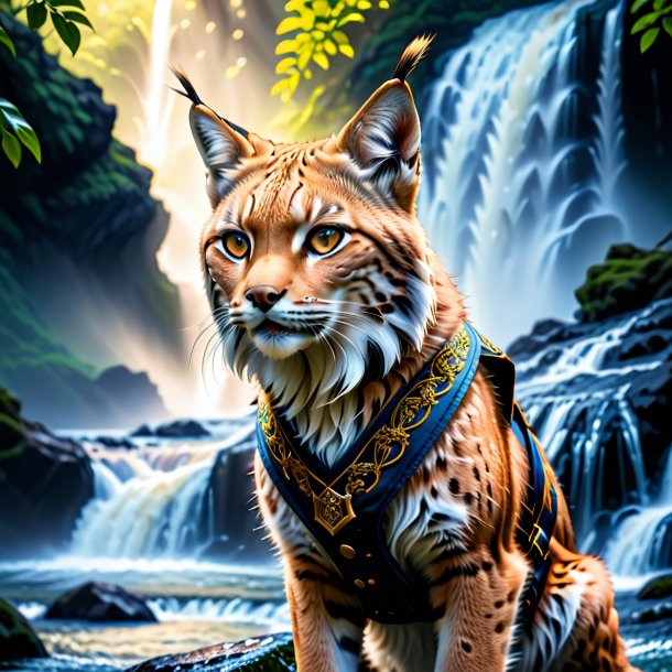 Image of a lynx in a vest in the waterfall