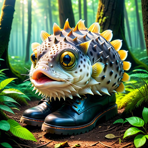 Pic of a pufferfish in a shoes in the forest