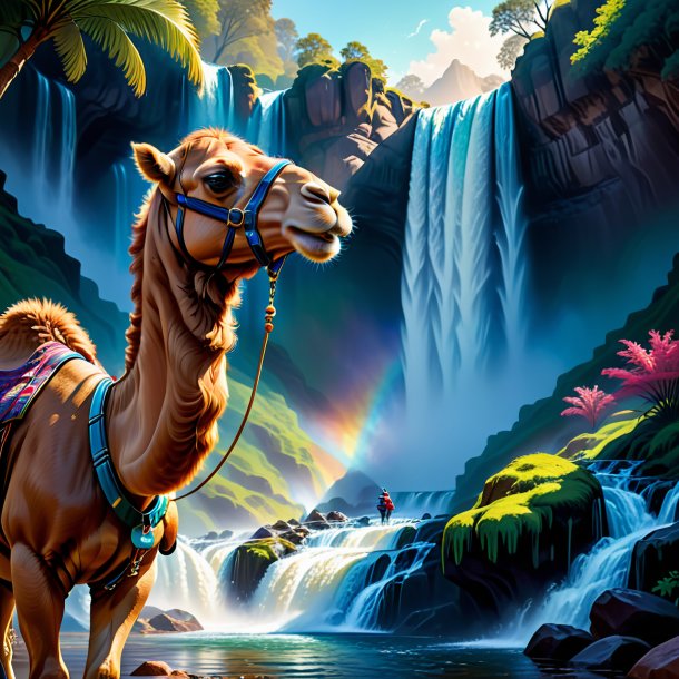 Illustration of a camel in a gloves in the waterfall