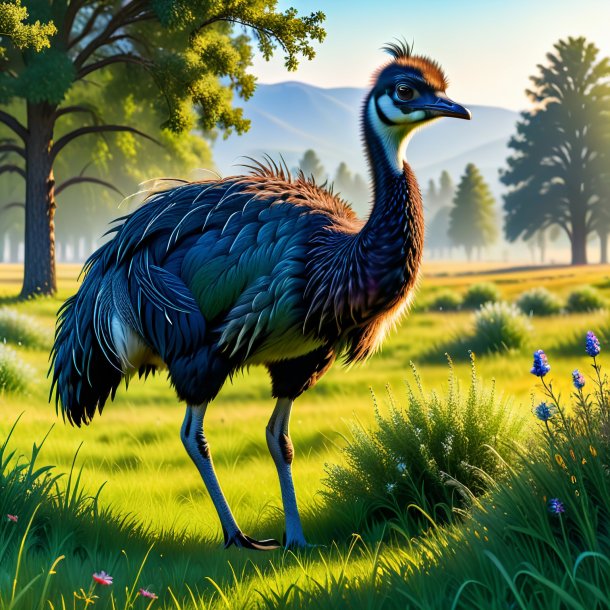 Picture of a emu in a jeans in the meadow