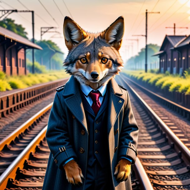 Photo of a jackal in a coat on the railway tracks